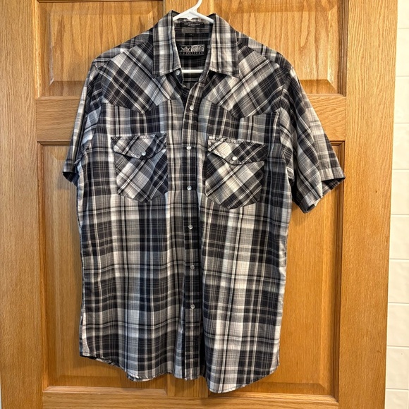 Canyon Guide Western Shirt Mens L Large Gray Black Plaid Short Sleeve Pearl Snap - Picture 1 of 4